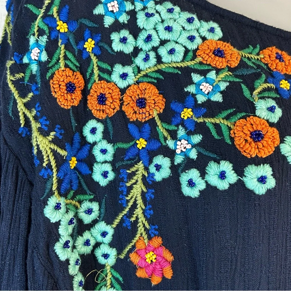 Free‎ People Embroidered Top XS Long Dolman Sleeve Cropped Boho Festival Blue